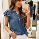 Women's V Neck Lace Crochet Shirts Button Down Short Sleeve Casual Blouse Tops (Blue, L)