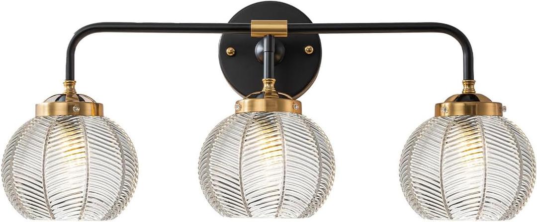 Bathroom Vanity Light fixtures 3 Light Glass Globe Wall Sconce Lights Black Wall Mount Light with Clear Glass Shade, Mid Century Modern Wall Sconce for Over Mirror Bedroom Hallway (3-Lights)