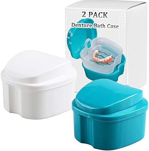 Denture Bath Box Cup, Complete Clean Care for Dentures, Clear Braces, Mouth Guard, Night Guard & Retainers,Traveling (Blue & White)