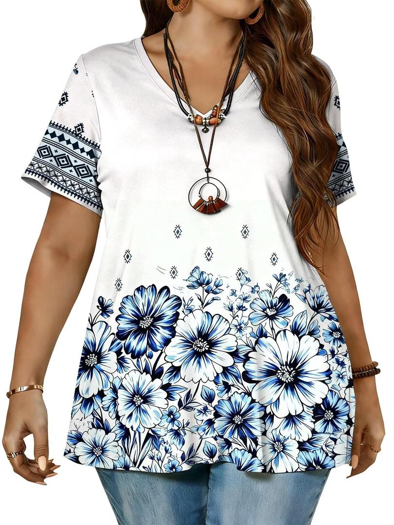 Plus Size Tops for Women 2X Casual Trendy Short Sleeve Tees Summer V Neck Color Block T Shirts YH006