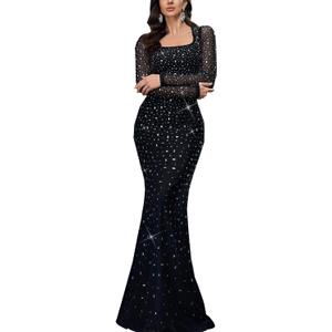Women's Formal Evening Gown Elegant Rhinestone Long Prom Dress Wedding Guest Party Cocktail Bridesmaid Maxi Dress (Large, Black)