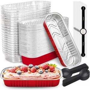 50 PACK Mini Cake Pans with Lids and Spoons, Rectangular Aluminum Foil Bread Pan, Mini Loaf Pans and Food Containers with Lids (Red, 6.8oz)
