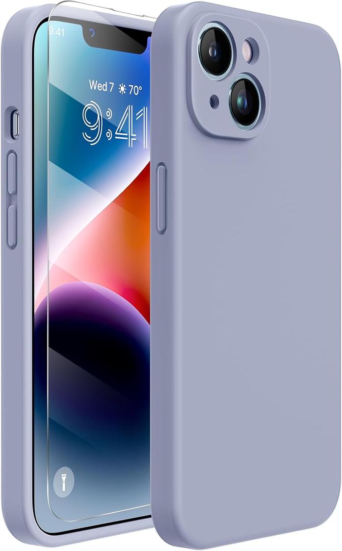 Miracase Designed for iPhone 14 Case with Screen Protector,[Upgraded Enhanced Camera Protection],Shockproof Liquid Silicone Case with Microfiber Lining, 6.1 inch,Lavender Grey