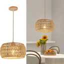 Rattan Pendant Light Fixture Ceiling Bohemian Chandelier Flush Mount Hanging Light 12.99-inch Small Woven Lamp Shade Wooden Base Basket for Kitchen Island Hallway Bedroom Dinning Table (Cream white-Pendant Drum)