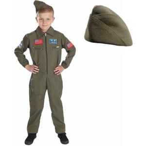 fun shack WW2 Flight Suit Pilot Costume for Kids, Army Outfit, Fighter Pilot Uniform, US Air Force Gear (Medium, Green)