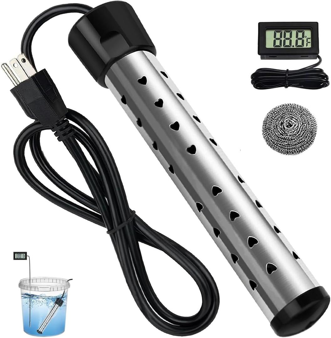2000W Immersion Heater, Portable Electric Water Heater Fast Heating for Buckets Bathtubs, Submersible Water Heater with LCD Thermometer 304 SS Guard, 5 Gallons of Water in Minutes (Black)