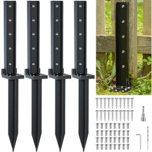 4-Pack Fence Post Repair Kit 32in Heavy Duty Ground Anchor Thickened Stakes 304 Stainless Steel Screw-Connected for Repairing Tilted and Broken Wooden Fence Post