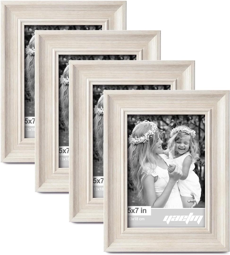 Yaetm 5x7 Picture Frame Set of 4, 1.4 Wide Molding & Rustic White Photo Frames 5 x 7 with HD Tempered Glass, Display on Tabletop & Wall Mounting (4 Pack, White)