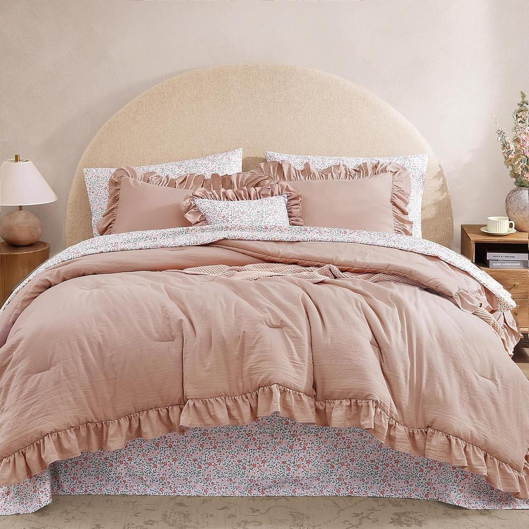 BLOOMHAVEN King Comforter Set - 7 Pieces Ruffle Pink Bedding Sets, Shabby Chic Farmhouse Bed in a Bag King with Ruffle Comforter, Floral Sheets, Pillowcases & Shams