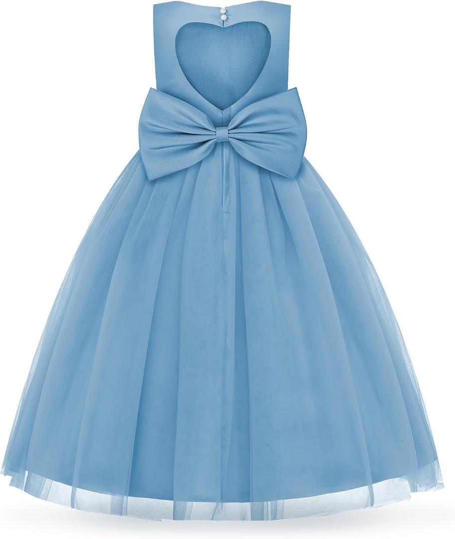 Uhnice Flower Girl Pearl Dress Tulle Ball Gown Bow Prom with Heart Cutout for Wedding Birthday Party (Blue, 4)