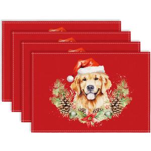 Christmas Wreath Golden Retriever Pine Cones Placemats Set of 4, 12x18 Xmas Watercolor Rustic Red Table Mat Decor, Seasonal Winter Table Decors for Christmas Dining Kitchen Holiday Party. (069)