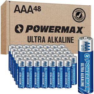 Powermax 48-Count Triple AAA Batteries, Ultra Long Lasting Alkaline Battery for Home and Office, 10-Year Shelf Life, Reclosable Packaging