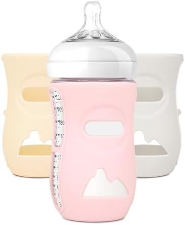 LOTBILL 12 Pack Silicone Sleeves for Avent Natural Glass Baby Bottles, Protection and Insulation, Baby Bottle Sleeve Compatible with Avent Glass Bottles 8 oz, Dishwasher Safe (Pink+Beige+Gray)