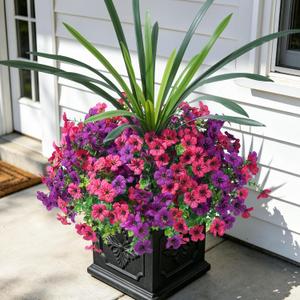INSPRING Artificial Flowers for Outdoors, UV Resistant 12 Bundles Silk Flower Daisy with Eucalyptus + Orchid Leaf, Realistic Faux Outdoor Flowers for Porch Planter Garden Patio Boxwood, Purple Pink