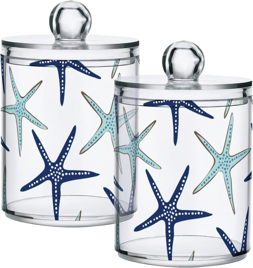Bathroom Canister Set of 2, Beach Coastal Starfish Navy Blue and Turquoise Plastic Jars Holder Dispense Qtip Holder Storage Jars with Lids,Home Decor (B135)