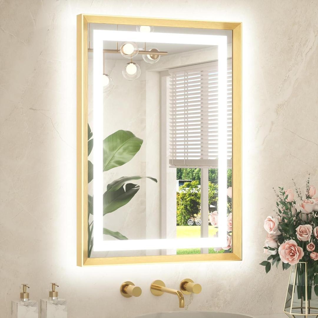 TETOTE 22 x 30 Bathroom LED Mirror Brushed Gold Metal Frame Frontlit & Backlit Vanity Mirror Anti-Fog Stepless Dimmable 3 Colors White/Warm/Natural Mirror with Lights Wall-Mounted