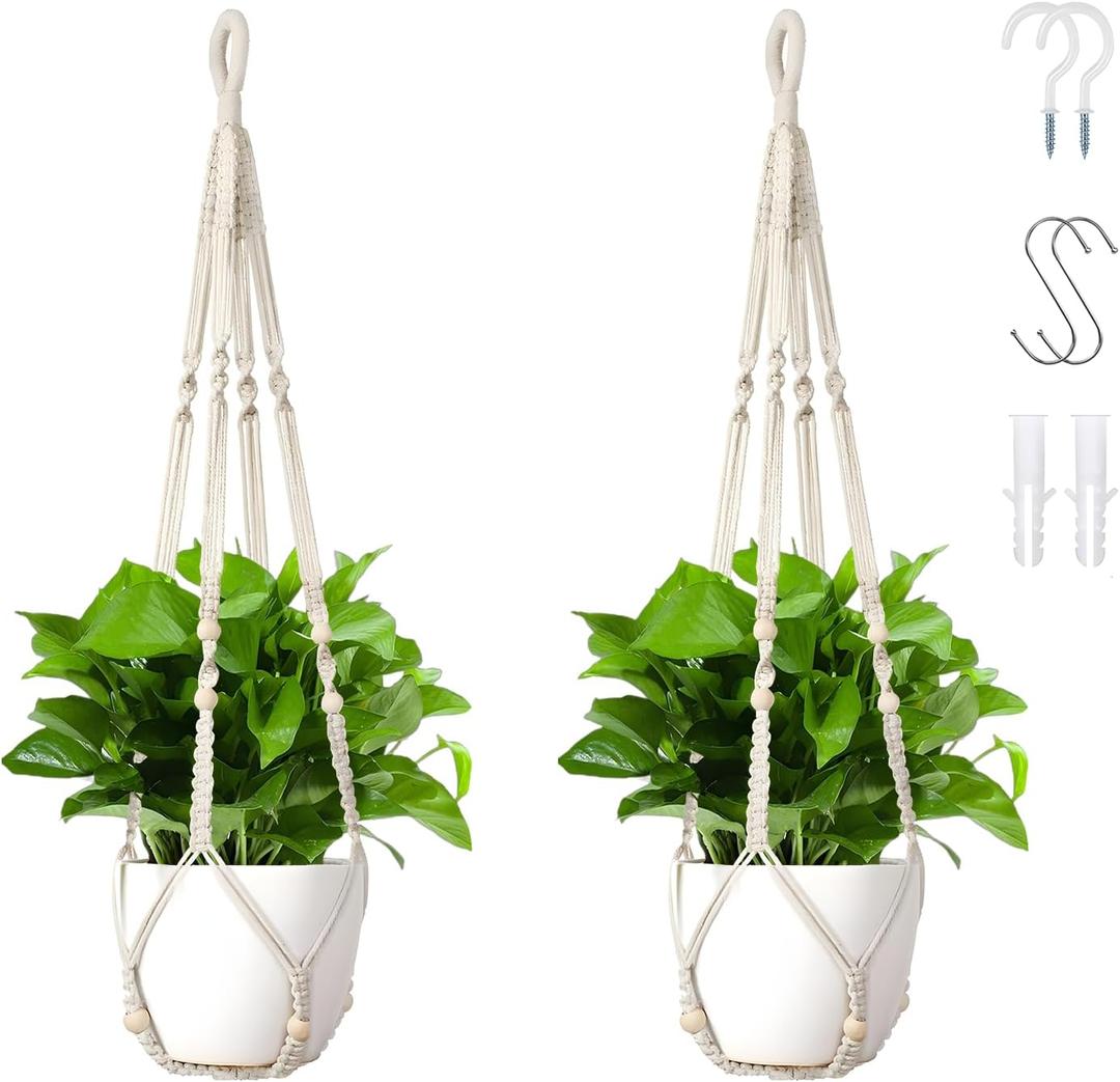 Macrame Plant Hanger Set of 2, 35 Inch Indoor Hanging Planter with 4 Hooks, Macrame Plant Hangers for Pots, No Tassels Boho Home Decor, Ivory (Pots Not Included)