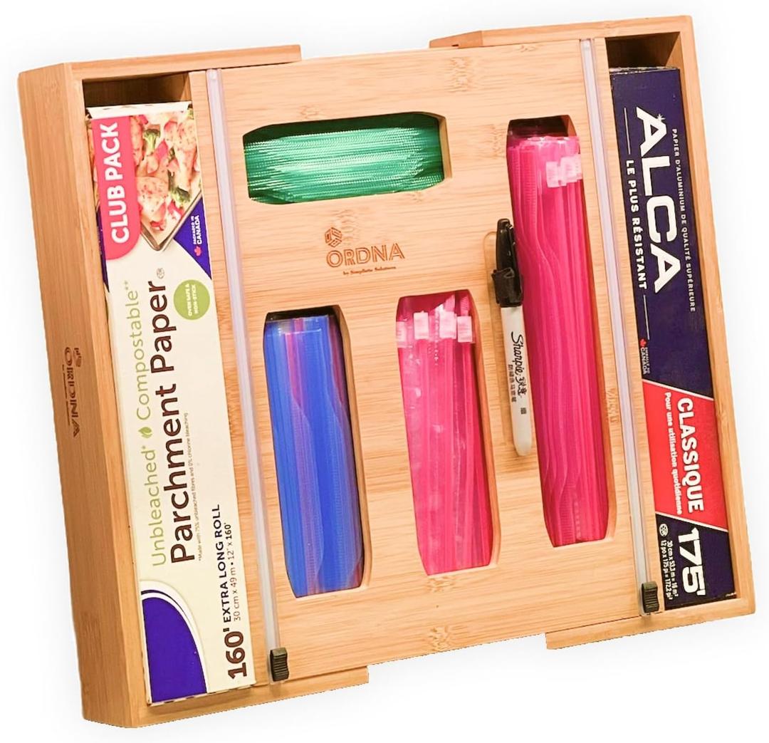 6 IN 1 Bamboo Baggie Organizer for Drawer with Labels, Expandable Storage Bag Organizer with Aluminum Foil and Saran Wrap Cutter Compatible with Quart, Gallon, Sandwich and Snack Size Bags