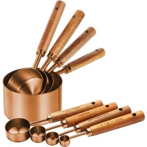 Copper Stainless Steel Measuring Cups and Spoons Set,8 Piece Measuring Cup Set with Wooden Handle and Metric and US Measurements，Copper Polished Finish，for Cooking and Baking in The Kitchen