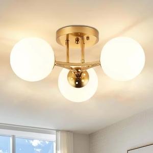 3 Lights Globe Mid Century Ceiling Light Modern Semi Flush Mount Ceiling Light Sputnik Chandeliers with Milk Glass Shade Gold Chandeliers for Living Room Dining Room Bedroom