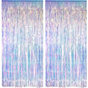 GREATRIL Iridescent Party Streamers Backdrop Neon Transparent Holographic Tinsel Foil Fringe Curtain for Mermaid/Frozen/Sea/Euphoria/ERAS Party Theme Decorations 2 PCS
