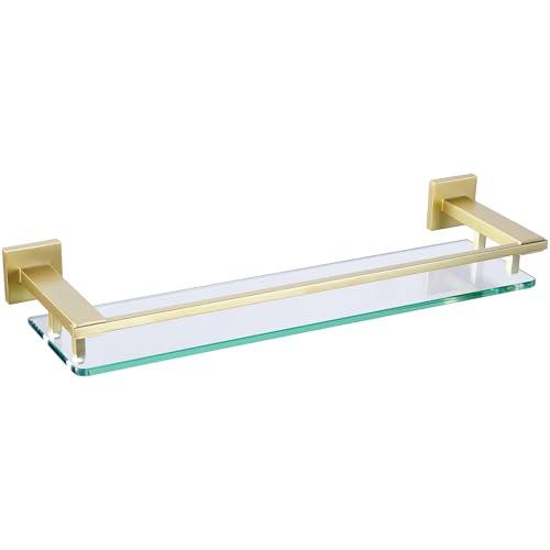 LANC Gold Bathroom Shelf Glass Shelves 20-Inch Floating Tempered Glass Shelf Rectangular Modern Stainless Steel Wall Mounted Cologne Shelves for Men Shower Bathroom Kitchen Organizers，A7613BG