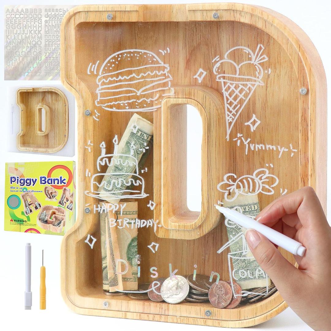 Large Letter Piggy Bank for Kids Boys Girls Wooden Personalized Piggy Banks A-Z with Target Area Clear Alphabet Banknote Coin Banks for Gift Decoration Baptism (D)