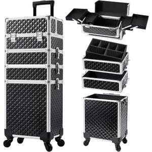 Stagiant Rolling Makeup Case Cosmetology Case on Wheels 4 in 1 Large Cosmetic Organizer Train Case Makeup Travel Case with Key Swivel Wheels Nail Artist Salon Storage Traveling Cart Trunk Black