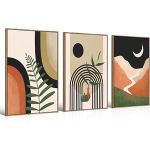 Large Canvas Wall Art Set of 3 Framed Boho Wall Art Mid Century Modern Wall Prints Black Beige Moon Plant Desert Nature Illustrations Artwork, Minimalist Boho Wall Decor for Living Room 16x24in