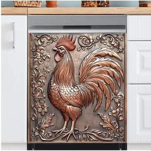 Copper Relief Rooster Dishwasher Magnet Cover 23x26in, 3D Rooster Pattern Magnetic Door Covers for Kitchen Dish Washer Fridge Panel Sticker, Farm Animal Reusable Machine Door Lid Decal, Large