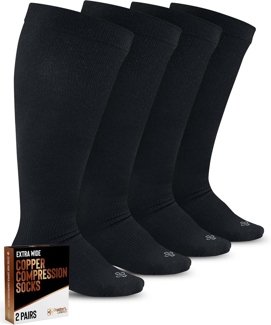 Doctor's Select Copper Plus Size Compression Socks Wide Calf - 2 Pairs | 20-30mmHg Extra Wide Calf Compression Sock Women | Copper Compression Socks Men & Women | Extra Wide Calf Compression Sock for Swelling & Circulation Support | Black 3X-Large