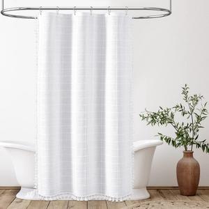 BTTN Boho Stall Shower Curtain - 36x72 Narrow Linen Ultra Thick Tassel Fabric Shower Curtain Set with 6 Plastic Hooks, Half Camper Modern Farmhouse French Country Shower Curtains for Bathroom - White