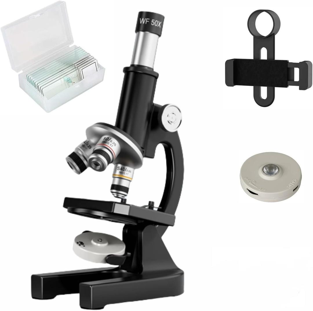 Microscope-200-4000X Magnification,Biological Educational Microscope for Students and Adults,with Phone Clip,Biological Specimen and Fill Light,Metal Material (Black)