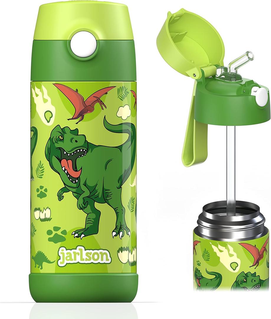 Jarlson Kids Water Bottle CHARLI [12OZ] - Stainless Steel Thermo Bottle with Straw - Insulated, Spill Proof Waterbottle for School & Sports - Thermo Tumbler for Boys & Girls (Dinosaur)