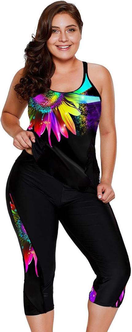 LALAGEN Womens Plus Size Swimsuits 2025 Modest Rash Guard Capris Tankini Bathing Suits Two Piece Bathing Suit Swimwear (Large, Colorful Sunflower)