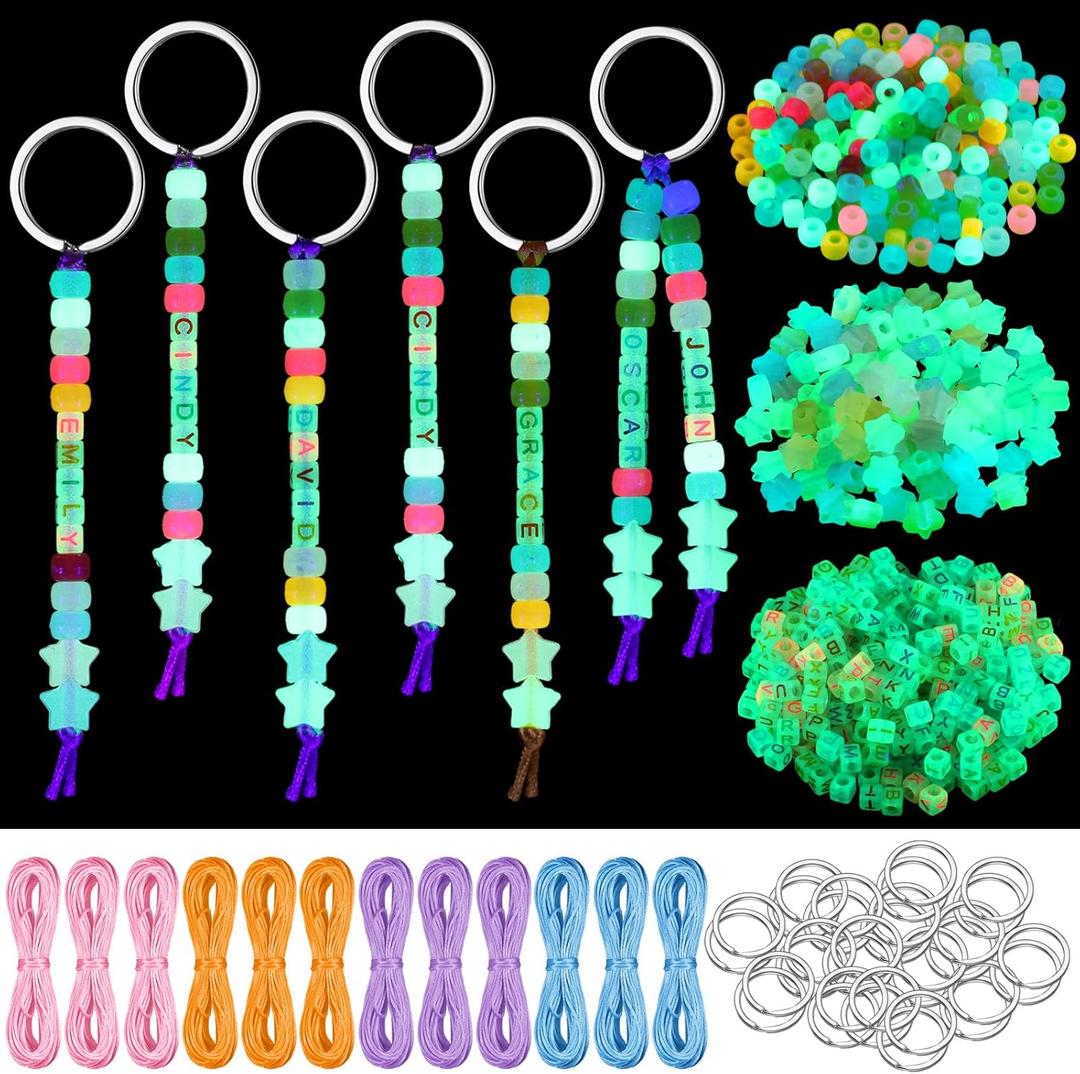 Landical 564 Pcs Glow Beads Keychain Making Kit DIY Glow in The Dark Key Chain Craft Adjustable Letter Bead Charm Neon Theme Party Favor Gift Backpack Accessories Holiday Decoration(Adorable Color)
