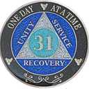 (Years 1-50) 31 Year AA Recovery Silver Color Plated Glitter Medallion, Black Rainbow, Blue, Silver Glitter Coin, Epoxy Covered (AA 31 Year Glitter Medallion)