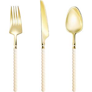 150 Pcs Gold Plastic Silverware,Gold Plastic Utensils with Ivory Beads Handle,Fancy Disposable Cutlery Set Include 50 Forks 50 Knives 50 Spoons for Party & Wedding