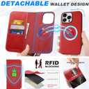 SHIELDON Wallet Case for iPhone 16 Pro Max 6.9", Genuine Leather 2 in 1 Removable Folio Magnetic Wireless Charging RFID Blocking Card Holder Kickstand Compatible with iPhone 16 Pro Max - Retro Red