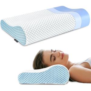 Neck Pillow Contour Memory Foam Pillows for Pain Relief Bed Pillow for Sleeping, Ergonomic Pillow for Neck and Shoulder Pain, Orthopedic Cervical Pillow for Side Back Stomach Sleeper(White&Blue)