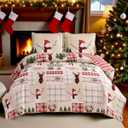 Oliven Reversible Xmas Quilts King Size Christmas Reindeer Snowmen Bedspread Lightweight Plaid Bedding Coverlet Soft Breathable Patchwork Quilt Set Holiday Bedroom Decor (King(108"x96"), Beige White Green)