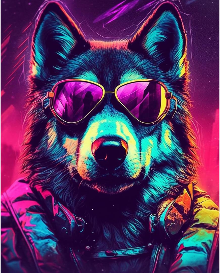 African Wolf Painting Graffiti Animal WearingSunglass Paint by Number Kits 16 x 20 inch Canvas DIY Wildlife Oil Painting for Kids Adults Beginner with Brushes and Acrylic Wolves Art Gift(Frameless)