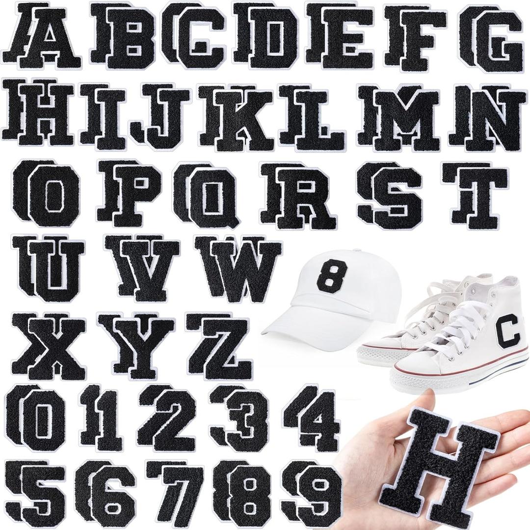 Lyrow 72 Pieces Chenille Letters Patches Iron on 3. 2 H x 2. 2 W Letters and Numbers a to Z Alphabet, Numbers 0 to 9 Embroidery Applique Patch for Clothing Backpacks Hats DIY Supplies(Black and White)