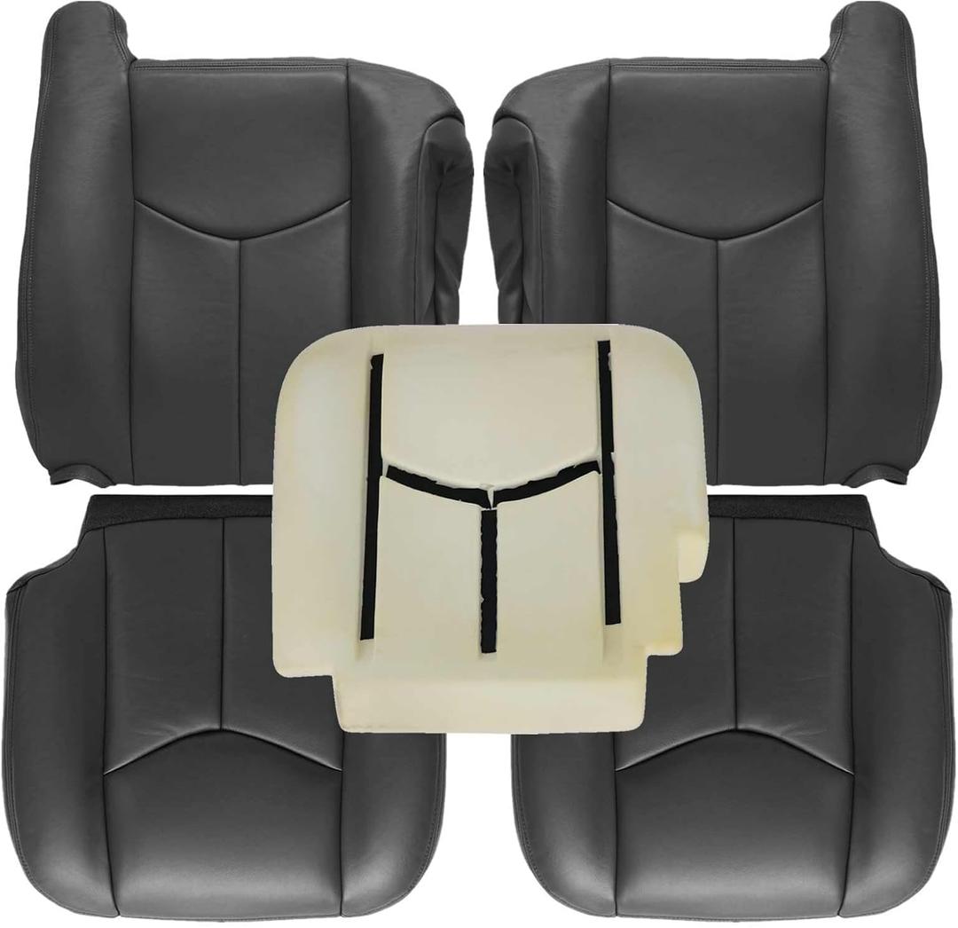 SecosAutoparts Driver & Passenger Bottom & Top & Driver Foam Cushion Dark Gray Leather Seat Cover Compatible with Chevy Silverado Avalanche Tahoe Suburban GMC Sierra Yukon 2003 2004 2005 2006
