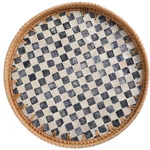 Round Rattan Tray with Mother of Pearl Inlay, Rattan Serving Tray for Coffee, Bread, Fruits, Decorative Wicker Tray for Table Decor, Home Decor, Kitchen Island Decor(Black Checkerboard, 11.8")