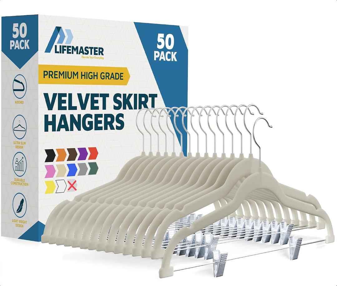 Lifemaster Velvet Skirt Hangers – with Adjustable Clips, 360 Degree Swivel Hook, and Non-Slip Shoulder Notch, Holds Up to 10 lbs, for Organizing Skirt, Pants, Dress, and Clothes, Pack of 50, Green