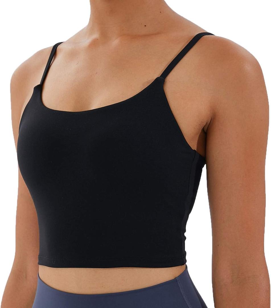 Women's Strappy Stretch Sports Bra Longline Yoga Tank Top Fitness Bra Workout Camisole Crop Tops for Teen Girl (Black), S