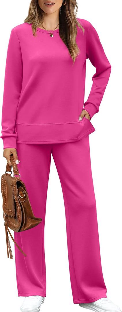 WIHOLL Women's 2 Piece Lounge Sets Sweatshirt Casual Travel Outfits Fashion Wide Leg Tracksuit Cozy Sweatsuits (Medium, C Hot Pink)