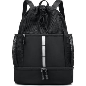 PinCute Drawstring Gym Bag for Men/Women - Mesh Beach Swim Bags Sports Backpack with Wet Pocket&Shoe Compartment, Lightweight (Black)