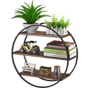 Floating Shelves, 3 Tier Decorative Geometric Circle Metal and Wood Wall Shelves, Bathroom Shelf Round Wall Decor, Rustic Brown (Circular)